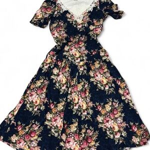 Vintage Floral Lace Bib Midi Dress, Size 8